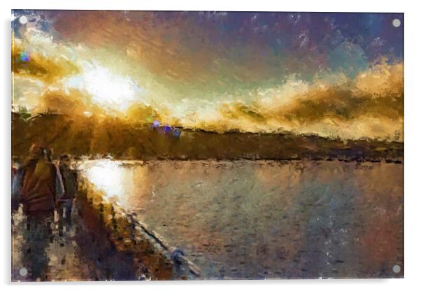 Winter Sunset over Baiting's Reservoir - Oil Painting Effect Acrylic by Glen Allen