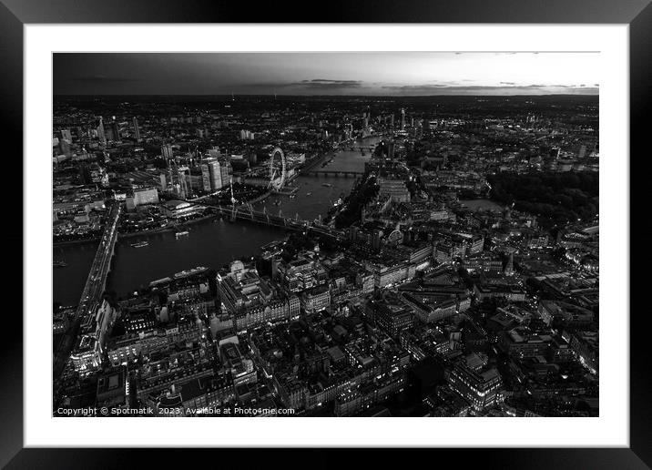 Aerial dusk cityscape view London city river Thames  Framed Mounted Print by Spotmatik 