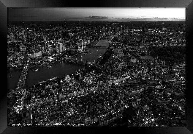 Aerial dusk cityscape view London city river Thames  Framed Print by Spotmatik 