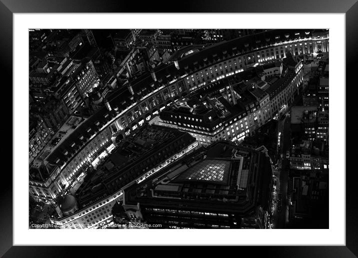 Aerial illuminated London view retail buildings Framed Mounted Print by Spotmatik 