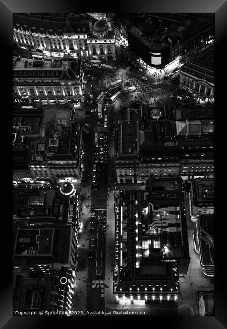 Aerial illuminated London view Piccadilly Circus Framed Print by Spotmatik 