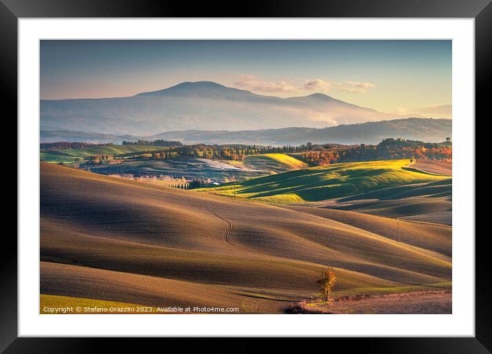 Crete Senesi landscape, rolling hills and Mount Amiata Framed Mounted Print by Stefano Orazzini