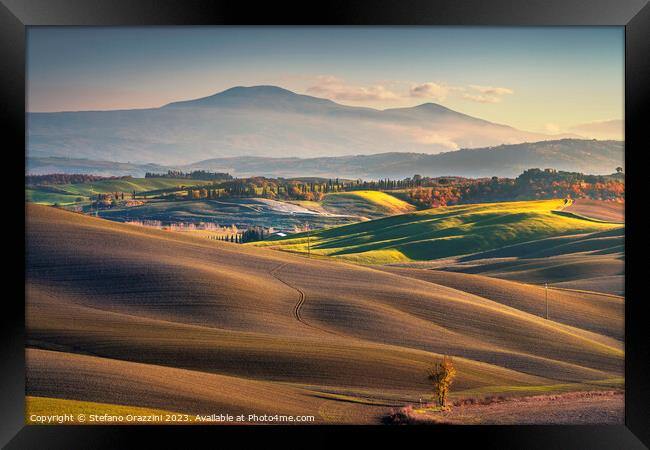 Crete Senesi landscape, rolling hills and Mount Amiata Framed Print by Stefano Orazzini
