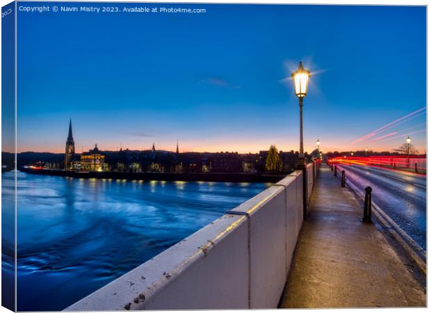 A view of Perth Bridge and the River Tay at night Canvas Print by Navin Mistry