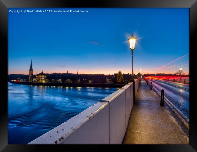 A view of Perth Bridge and the River Tay at night Framed Print by Navin Mistry