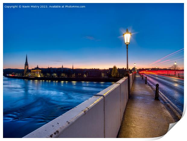 A view of Perth Bridge and the River Tay at night Print by Navin Mistry