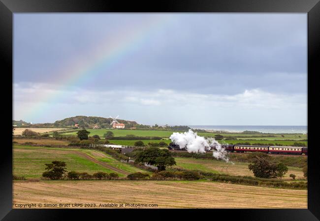 Norfolk steam train and Weybourne windmill rainbow Framed Print by Simon Bratt LRPS