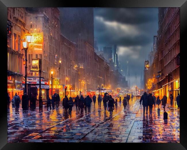 Rainy Night in the City Framed Print by Roger Mechan