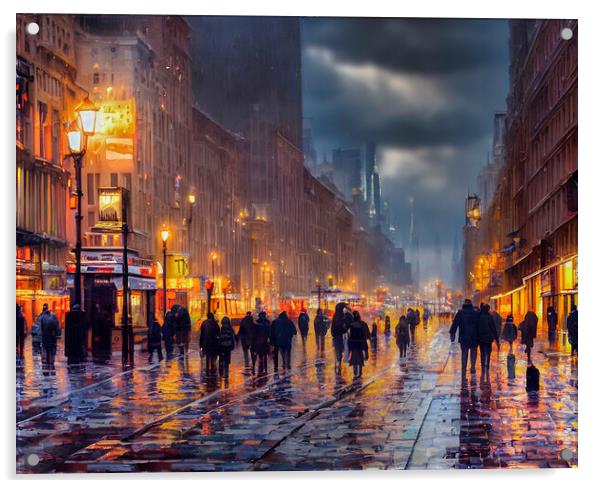Rainy Night in the City Acrylic by Roger Mechan