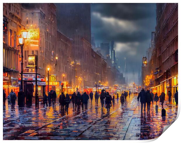 Rainy Night in the City Print by Roger Mechan