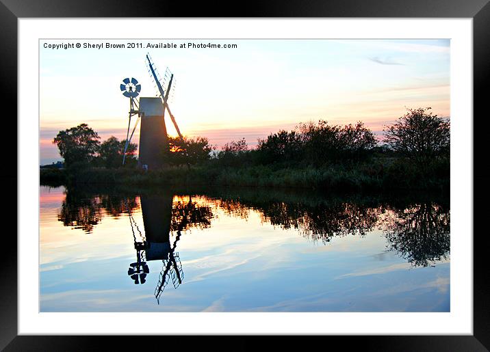 Sunset over Turf Fen Windmill Framed Mounted Print by Sheryl Brown