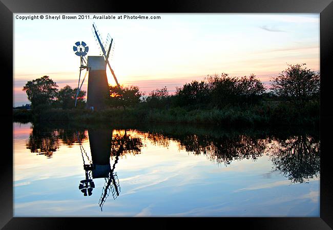 Sunset over Turf Fen Windmill Framed Print by Sheryl Brown