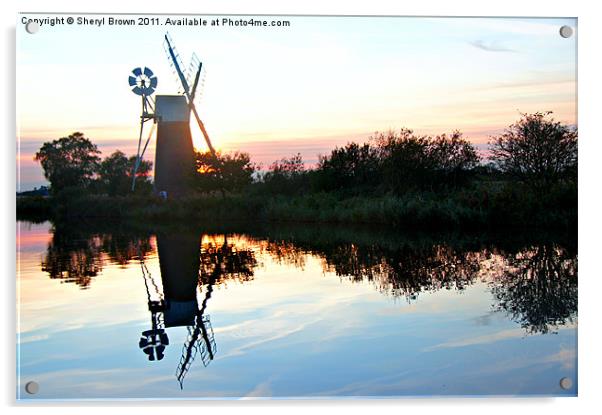 Sunset over Turf Fen Windmill Acrylic by Sheryl Brown