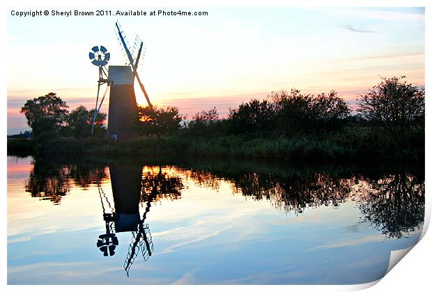 Sunset over Turf Fen Windmill Print by Sheryl Brown