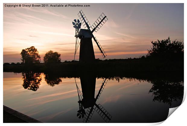 Sunset over windmill Print by Sheryl Brown