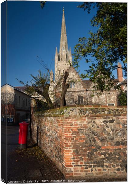 Norwich Cathedral and red post box Canvas Print by Sally Lloyd