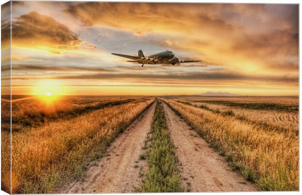 DC3 Dakota Sunset Flight Canvas Print by J Biggadike