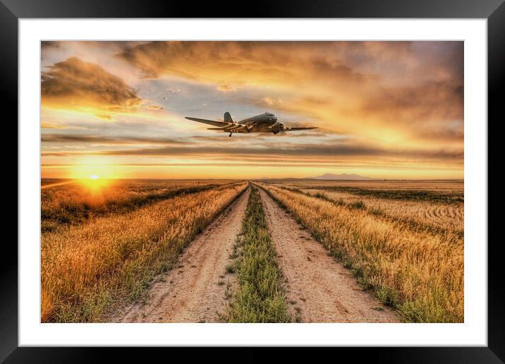 DC3 Dakota Sunset Flight Framed Mounted Print by J Biggadike