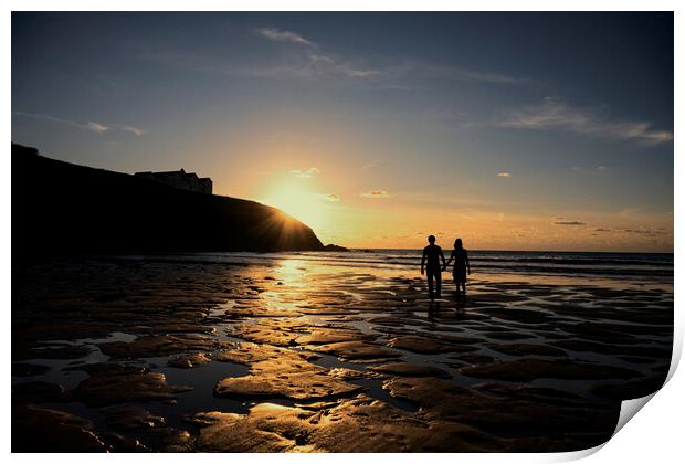 Poldhu  sunset,beach walking Print by kathy white