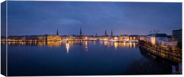 Panoramic view over the city center of Hamburg by night   Canvas Print by Erik Lattwein