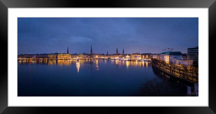 Panoramic view over the city center of Hamburg by night   Framed Mounted Print by Erik Lattwein