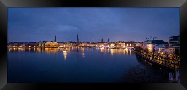 Panoramic view over the city center of Hamburg by night   Framed Print by Erik Lattwein