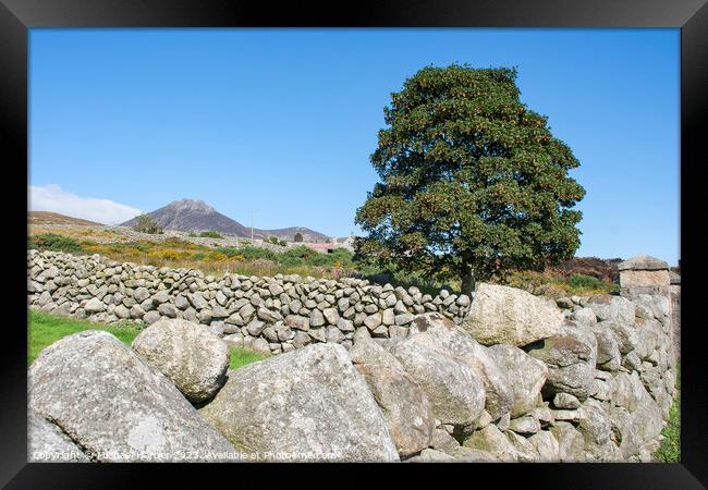A dry stone wall and mountain peaks n the world fa Framed Print by Michael Harper