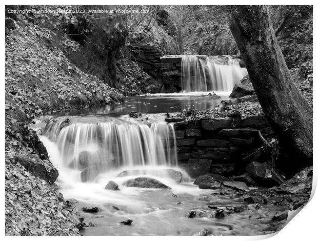 Winter scene of waterfall stream slow shutter blac Print by Andrew Heaps