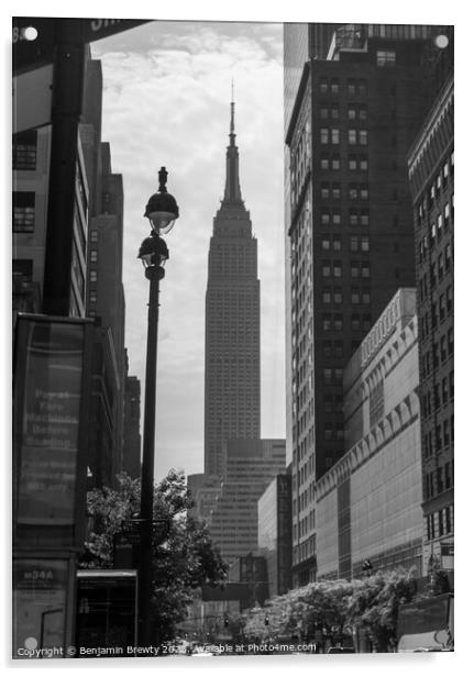Black & White Empire State Building Street Shot Acrylic by Benjamin Brewty