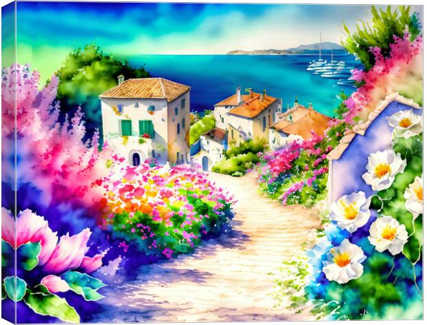 Blossoming Pathway to a Mediterranean Village Canvas Print by Roger Mechan