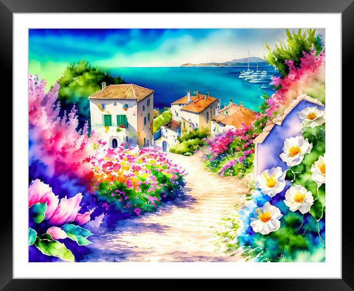 Blossoming Pathway to a Mediterranean Village Framed Mounted Print by Roger Mechan
