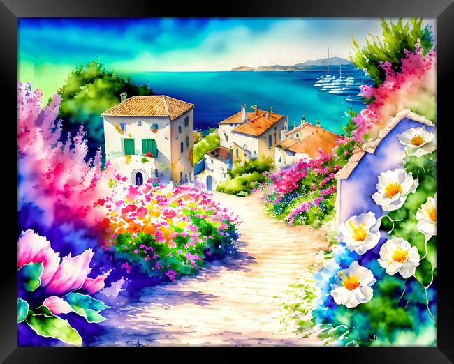 Blossoming Pathway to a Mediterranean Village Framed Print by Roger Mechan