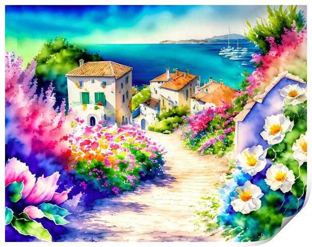 Blossoming Pathway to a Mediterranean Village Print by Roger Mechan