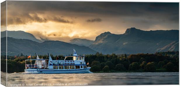 Windermere Lake Cruise Langdale Pikes with dramati Canvas Print by Julian Carnell