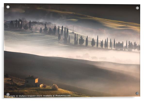 Foggy morning in Tuscany. Val d'Orcia, Pienza, Italy Acrylic by Stefano Orazzini