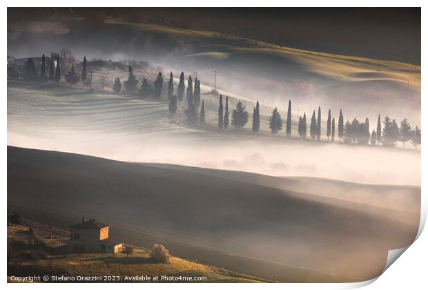 Foggy morning in Tuscany. Val d'Orcia, Pienza, Italy Print by Stefano Orazzini