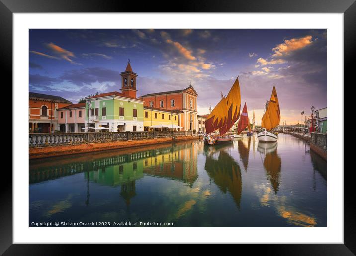 Cesenatico canal, historic sailboats and church. Romagna, Italy Framed Mounted Print by Stefano Orazzini