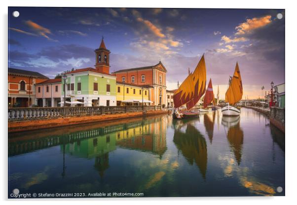 Cesenatico canal, historic sailboats and church. Romagna, Italy Acrylic by Stefano Orazzini