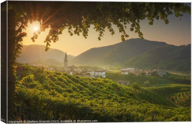 Prosecco Hills, vineyards and Guia village at dawn. Unesco Site. Canvas Print by Stefano Orazzini