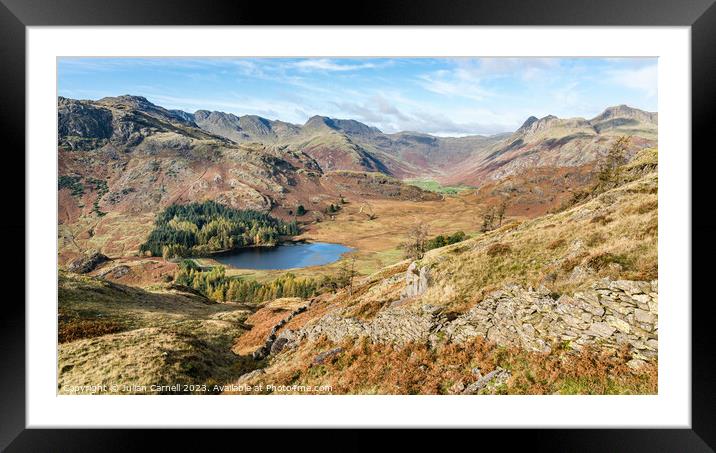 Blea tarn, Langdale Pikes in Autumn, Classic fells Framed Mounted Print by Julian Carnell