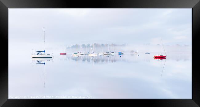 Windermere sailing boats in the mist Framed Print by Julian Carnell