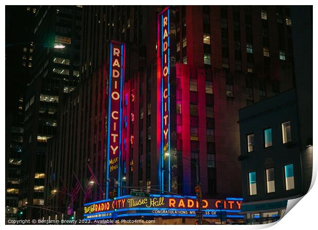 Radio City Music Hall Neon Lights Print by Benjamin Brewty
