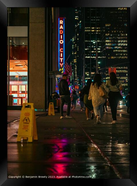 Radio City Music Hall Street Shot With Reflection  Framed Print by Benjamin Brewty