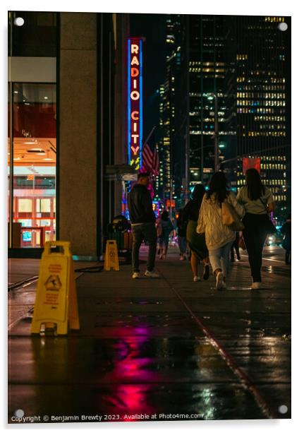 Radio City Music Hall Street Shot With Reflection  Acrylic by Benjamin Brewty