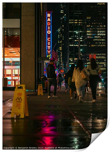 Radio City Music Hall Street Shot With Reflection  Print by Benjamin Brewty