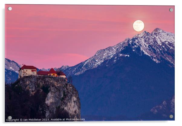 Full moon rising at sunset beside the castle at Lake Bled Acrylic by Ian Middleton