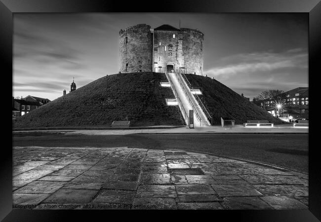 Cliffords Tower At Night Monochrome  Framed Print by Alison Chambers