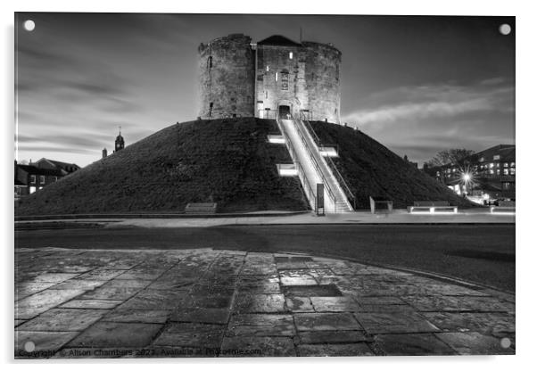 Cliffords Tower At Night Monochrome  Acrylic by Alison Chambers