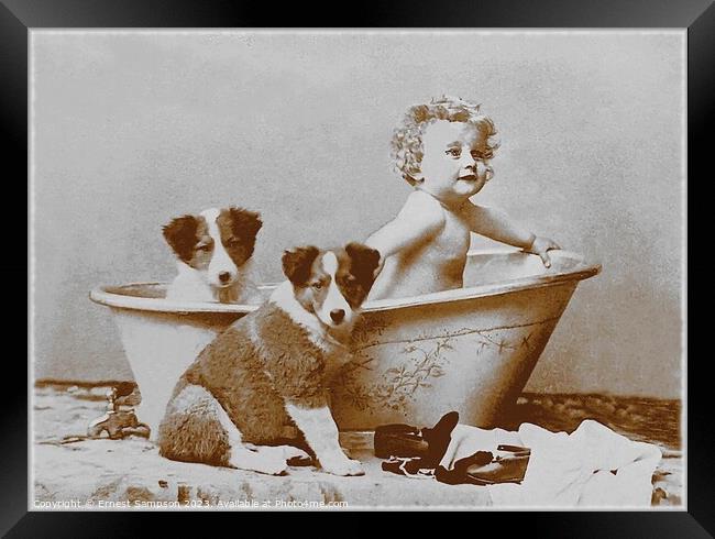 Two Dogs With Young Child In Bathtub . Framed Print by Ernest Sampson