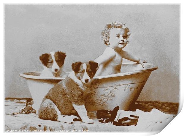 Two Dogs With Young Child In Bathtub . Print by Ernest Sampson